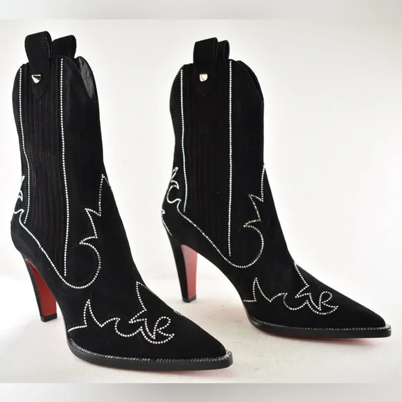Christian Louboutin Santigag Strass 85 Black Suede Western Ankle Heel Boot 40 - Picture 4 of 16